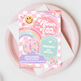 Convites Nine Is A Vibe Groovy Rainbow Disco 9th Birthday 