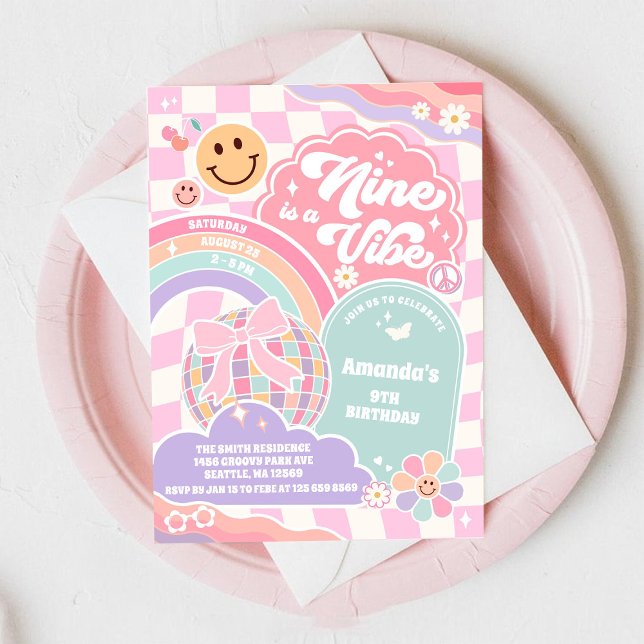 Convites Nine Is A Vibe Groovy Rainbow Disco 9th Birthday  (Criador carregado)