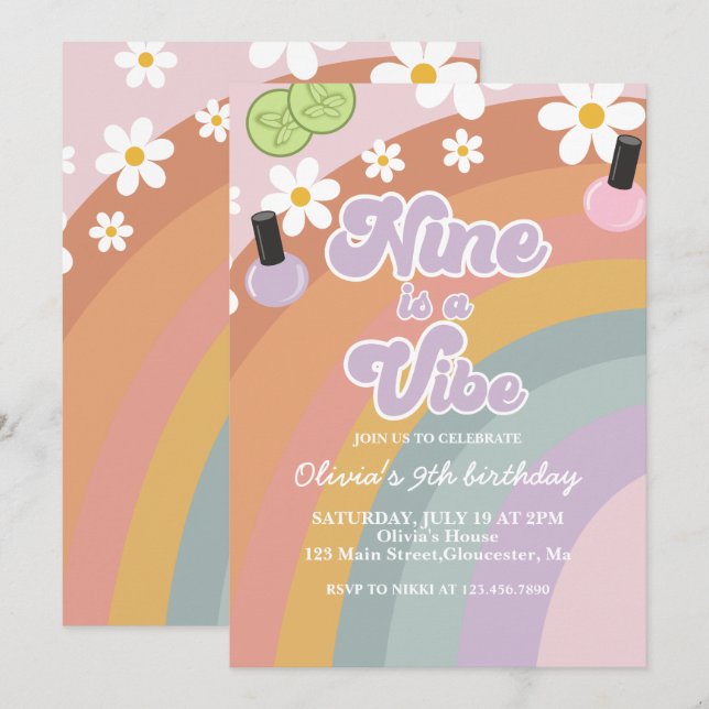 Convites Nine is a vibe Spa Chuveiro de Cores 9º Aniversári (Frente/Verso)