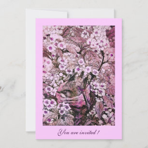 CONVITES NINHO DE PÁSSARO, ÁRVORE COM FLORES ROSADAS BRANCA