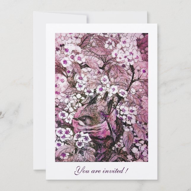 CONVITES NINHO DE PÁSSARO, ÁRVORE COM FLORES ROSAS VERMELHA (Frente)