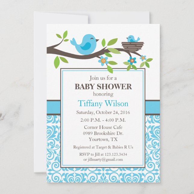 Convites Ninho de Pássaros Churrasco de Bebê em Azul (Frente)