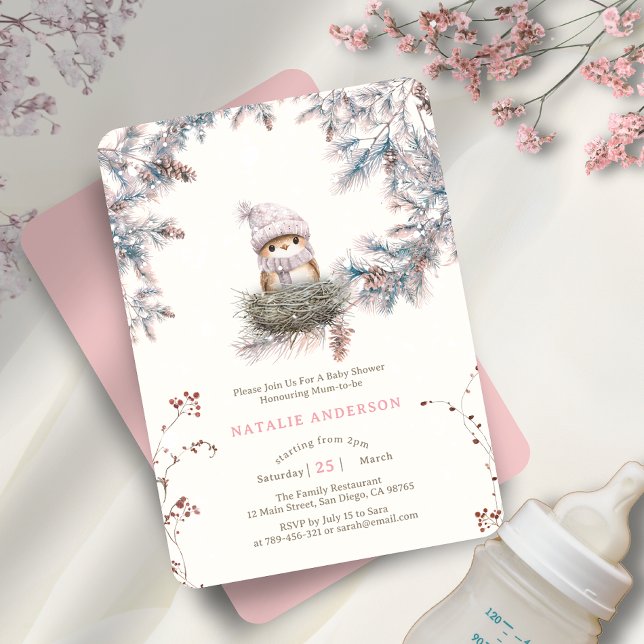 Convites Ninho do Pássaro Rosa-Rosa Neves-Neve (Snowy Woodland Dusty Pink Bird's Nest Baby Shower Invitation)