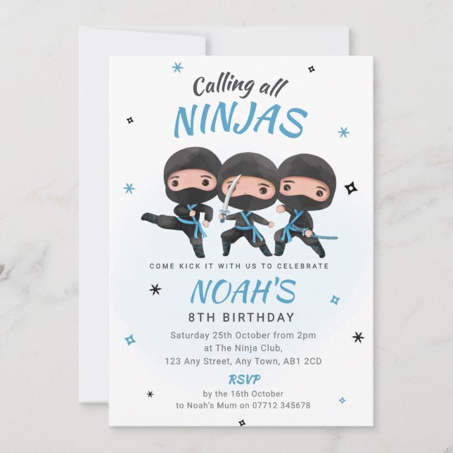 Convites Ninja Birthday Invitation - Blue Karate Party (Frente)