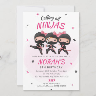Convites Ninja Birthday Invoca Meninas Rosa Partido Karate