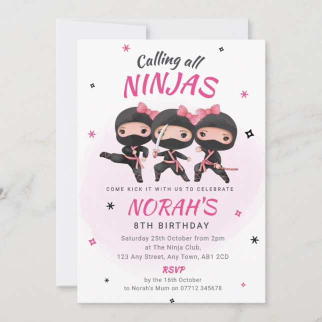 Convites Ninja Birthday Invoca Meninas Rosa Partido Karate (Frente)
