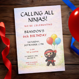 Convites Ninja Fofo Segurando Balões Coloridos Aniversário 