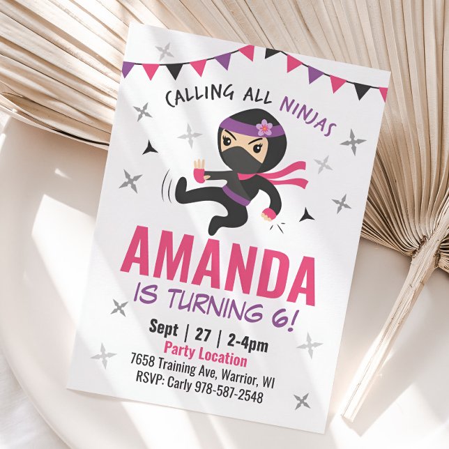 Convites Ninja Girl Birthday Invation, Bela Caratela Rosa (Girl Ninja Birthday Invitation)
