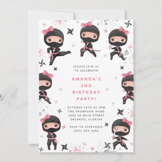 Convites Ninja Girl Birthday Invitation, Cute Pink Karate (Frente)