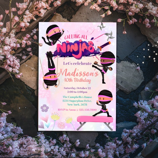 Convites Ninja Girl Birthday Marcial Artes (Criador carregado)