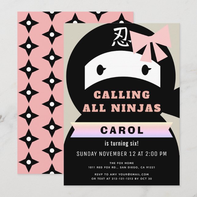 Convites Ninja Pink & Black Girl Birday (Frente/Verso)
