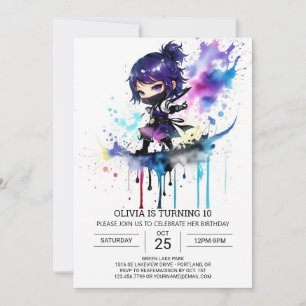 Convites Ninja Watercolor Girly Birthday