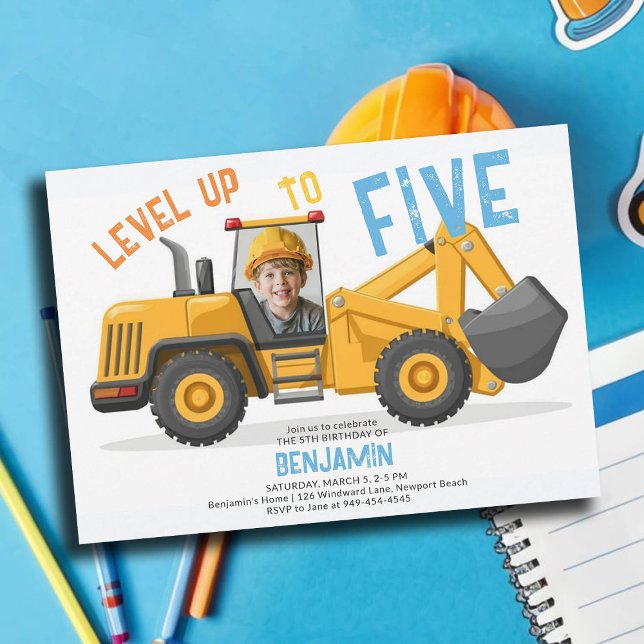 Convites Nível de Bulldozer de Construção Foto5 no Nível Su (photo construction invitation 5th birthday five fifth boys bulldozer vehicle theme personalized)