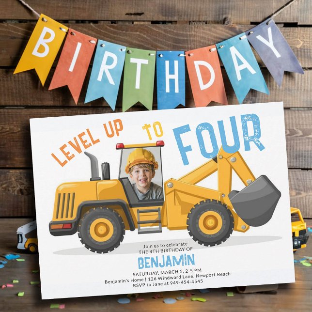 Convites Nível do Bulldozer de Construção Foto para Cima 4. (photo construction invitation 4th birthday four fourth boys bulldozer vehicle theme personalized)