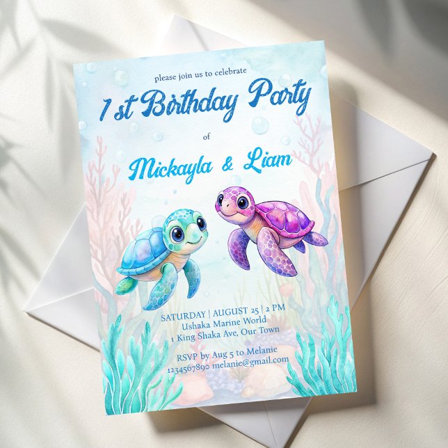 Convites No aniversário de gêmeos azuis da tartaruga aqua (Under the sea turtle aqua blue  purple twins birthday party invitation template)