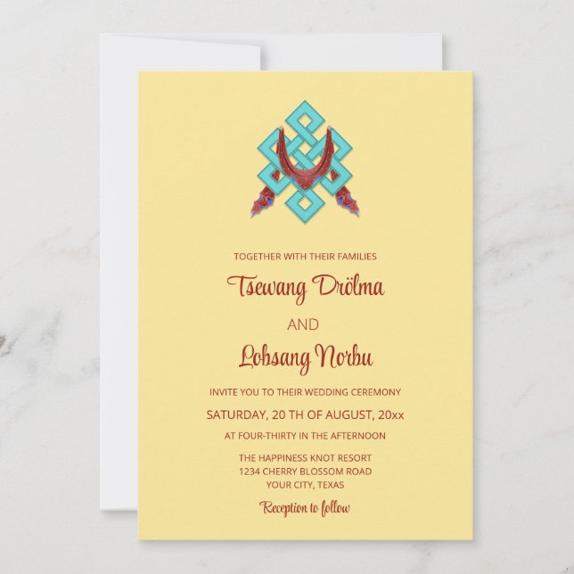 Convites Nó BILINGUAL Da Felicidade | Casamento Tibetano (Frente)