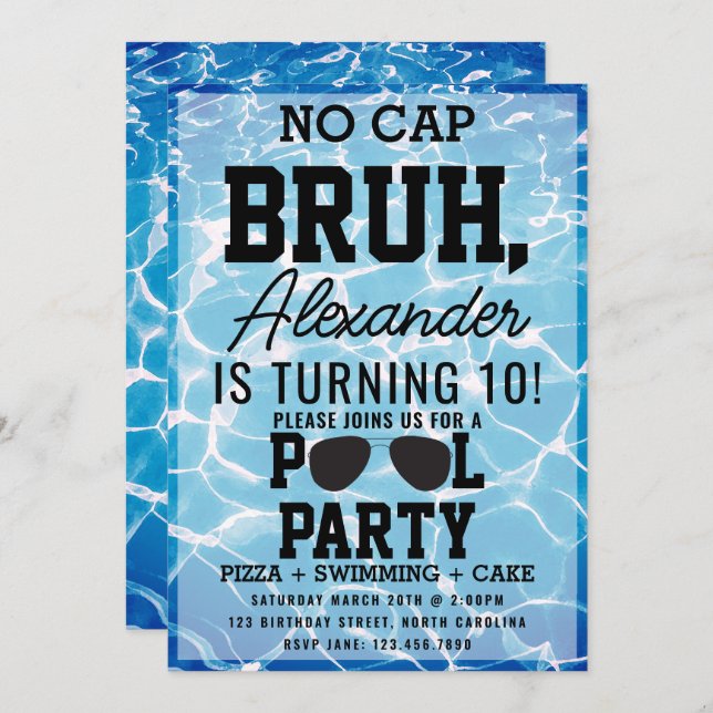 Convites No Cap Bruh Boy Teenager Birthday Pizza Pool Party (Frente/Verso)