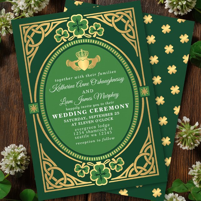 Convites Nó Celta Claddagh Shamrock Casamento Verde  (Criador carregado)