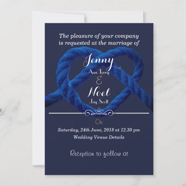 Convites Nó de Amor Azul Marinho e Branco Casamento Persona (Frente)
