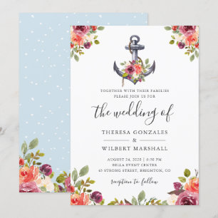 Convites Nó de casamento em aquarela âncora floral náutica