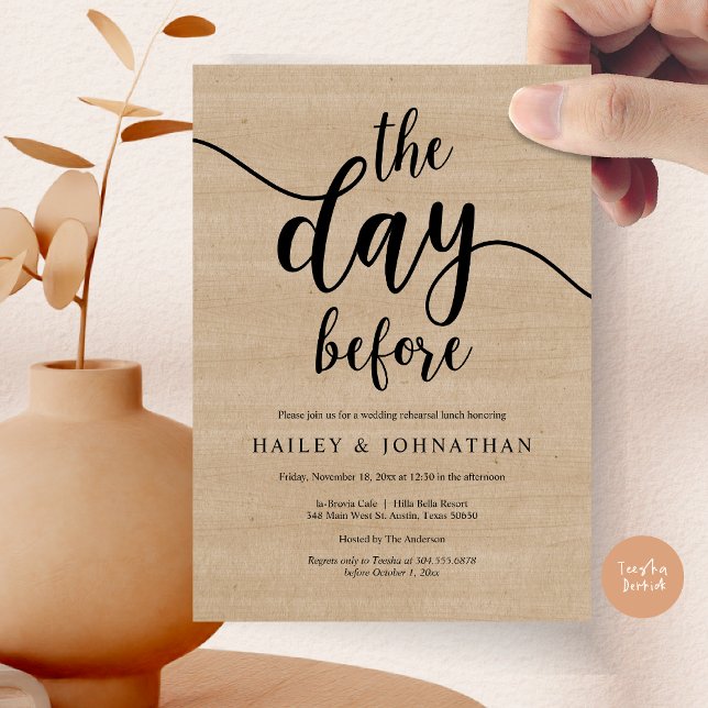 Convites No dia anterior, Almoço de ensaio de casamento ou  (The day before, Wedding Rehearsal Lunch or Brunch Invitation Card, PDF, Brown Wood Background)