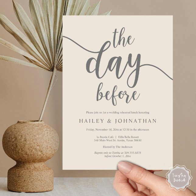 Convites No dia anterior, Almoço de ensaio de casamento ou  (The day before, Wedding Rehearsal Lunch or Brunch Invitation Card, PDF, Cream Grey)