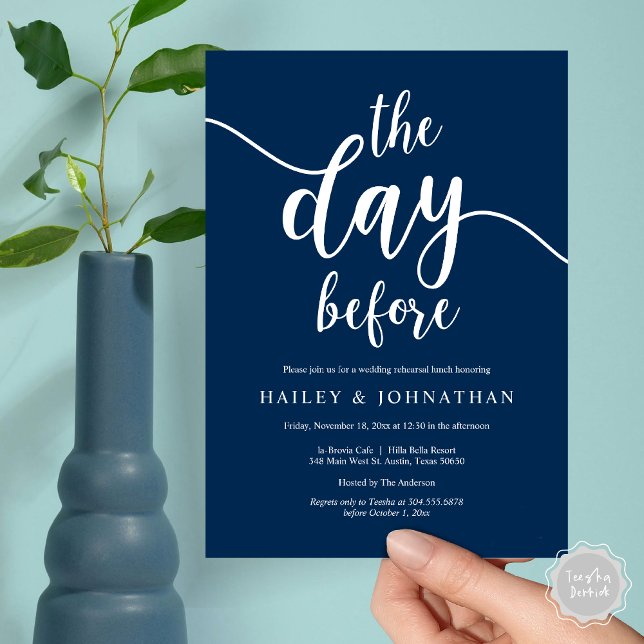 Convites No dia anterior, Almoço de ensaio de casamento ou  (The day before, Wedding Rehearsal Lunch or Brunch Invitation Card, PDF, Navy Blue)