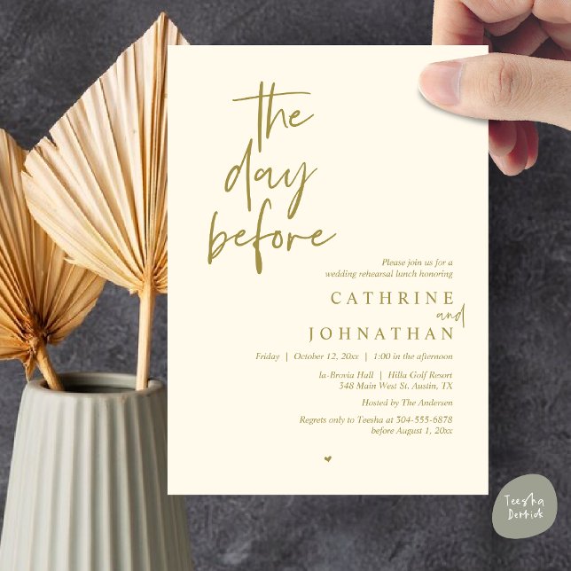 Convites No dia anterior, Almoço do Ensaio de Casamento (The day before, Modern Wedding Rehearsal lunch Invitation Card, PDF, in yellow gold)