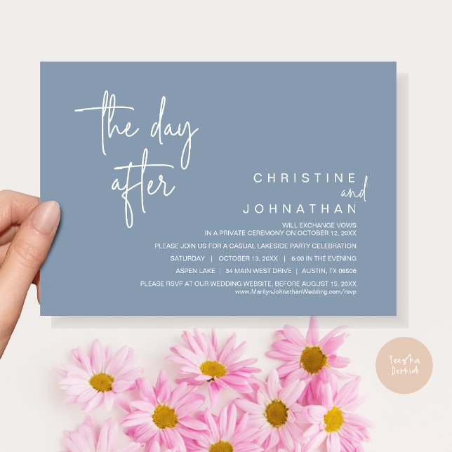 Convites No dia seguinte, Festa de casamento Poste, azul em (The Day After, Modern Post Wedding Party Invitation Card, PDF, in Dusty Blue)