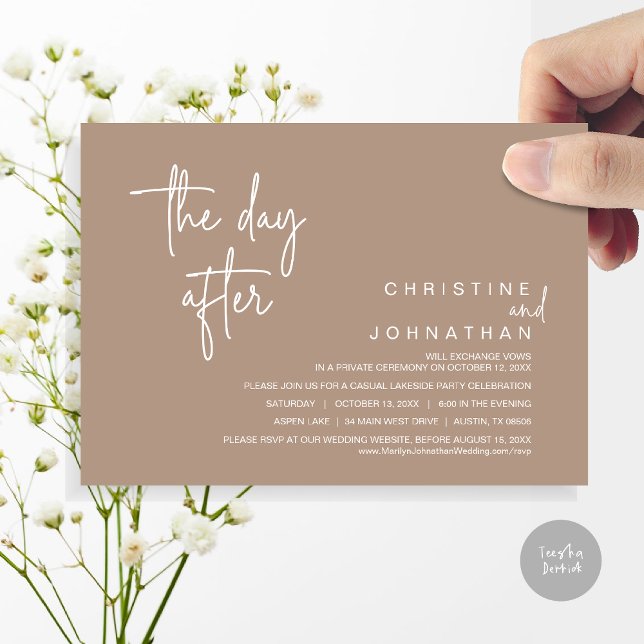 Convites No Dia Seguinte, Postar Festa de casamento, Taupe  (The Day After, Modern Post Wedding Party Invitation Card, PDF, in warm taupe brown)