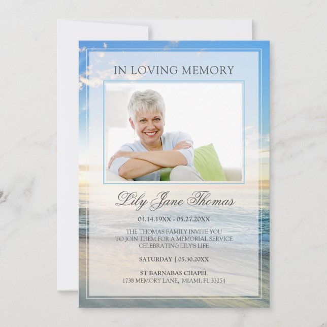 Convites No Loving Memory Elegant Beach Photo Funeral (Frente)