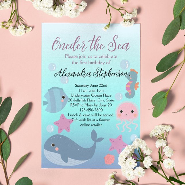 Convites No Mar Um Oceano Praia Meninas Primeiro Aniversári (under the sea first birthday oneder the sea 1st birthday girls invitation)