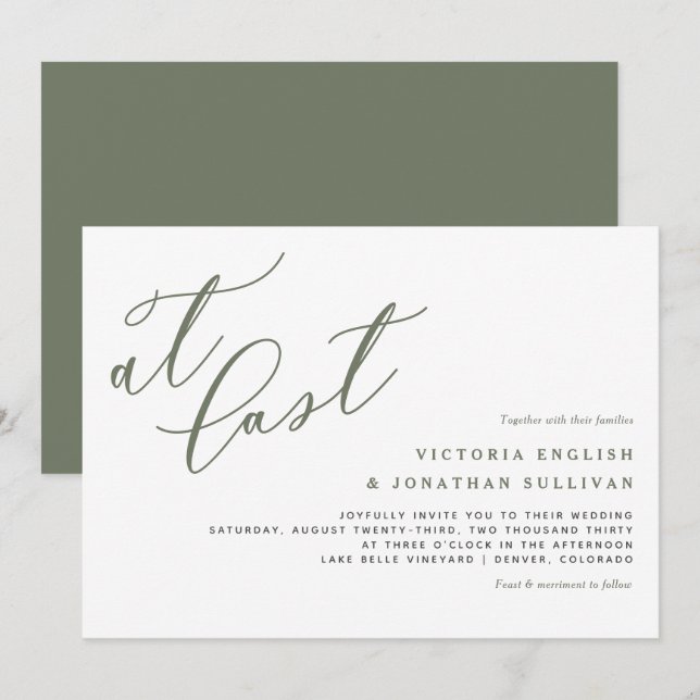 Convites No Último Casamento da Caligrafia Moderna Verde de (Frente/Verso)