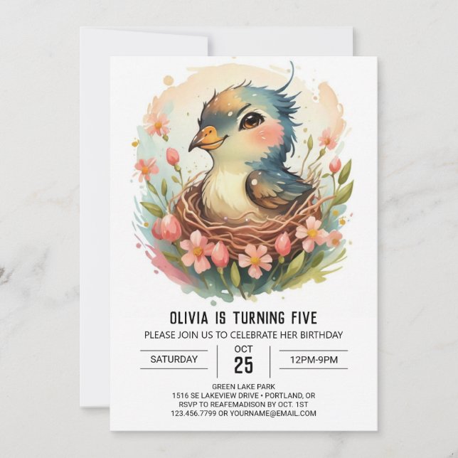 Convites No Woods Watercolor Bird Aniversário (Frente)