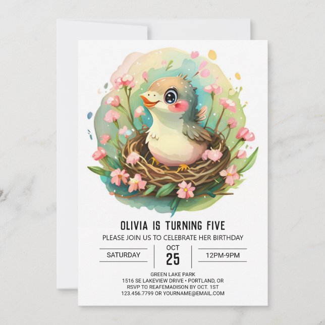 Convites No Woods Watercolor Bird Aniversário (Frente)