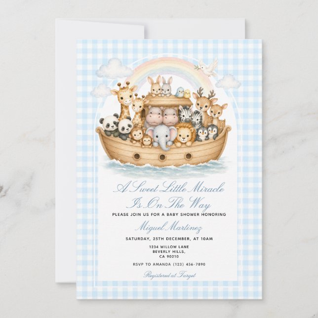 Convites Noah’s Ark Baby Shower Invitation Boy Gingham (Frente)