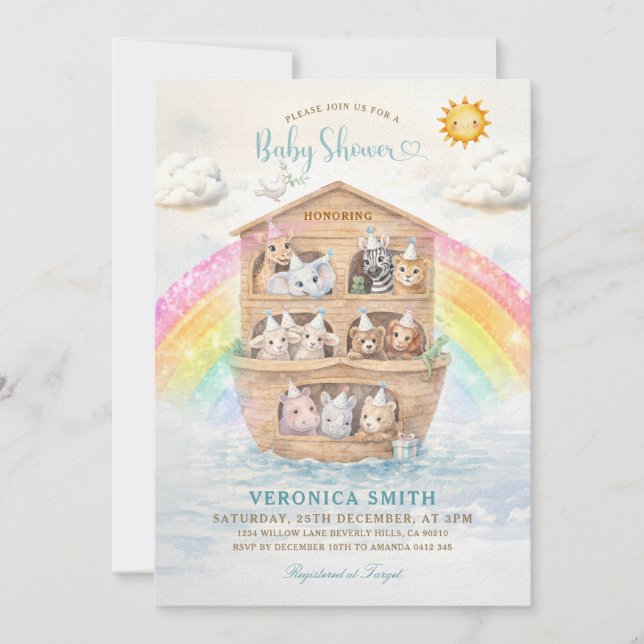 Convites Noah’s Ark Baby Shower Invitation | Rainbow Baby  (Frente)