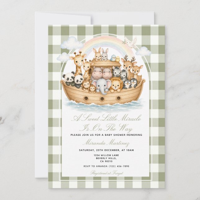 Convites Noah’s Ark Baby Shower Sage Green (Frente)