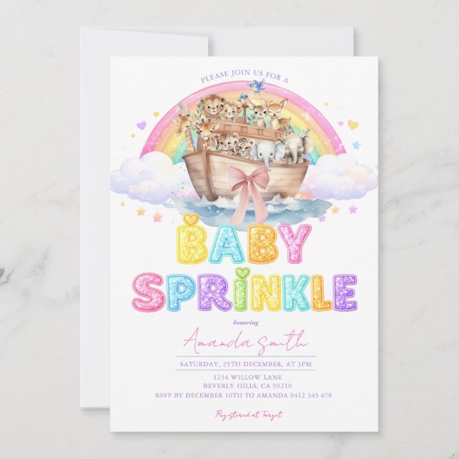 Convites Noah’s Ark Baby Sprinkle Glitter Rainbow  (Frente)