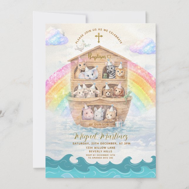 Convites Noah’s Ark Baptism Invitation | Baby Animals (Frente)