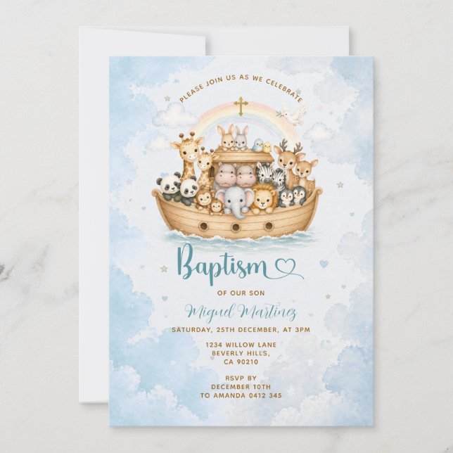 Convites Noah’s Ark Baptism Invitation Boy (Frente)