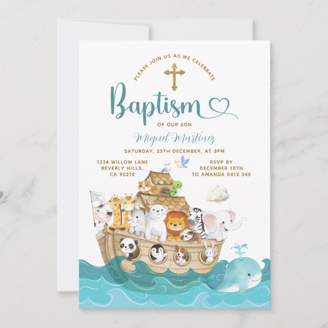 Convites Noah's Ark Baptism Christening Adventure Cross (Frente)