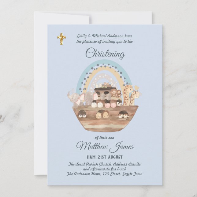 Convites Noah's Ark Blue Boys Christening Invite Baptism (Frente)