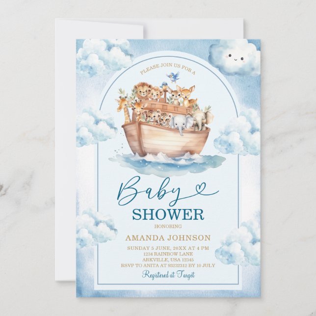 Convites  Noah's Ark Blue Watercolor Baby Shower (Frente)