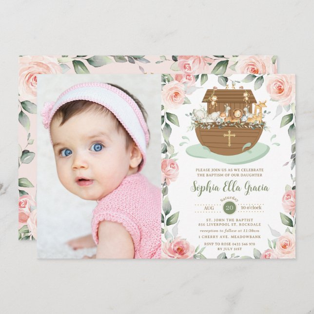 Convites Noah's Ark Pink Floral Girl Baptism Christening (Frente/Verso)
