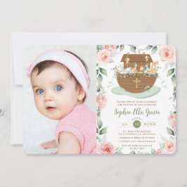Convites Noah's Ark Pink Floral Girl Baptism Christening