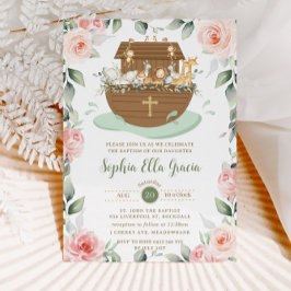 Convites Noah's Ark Pink Floral Girl Baptism Christening