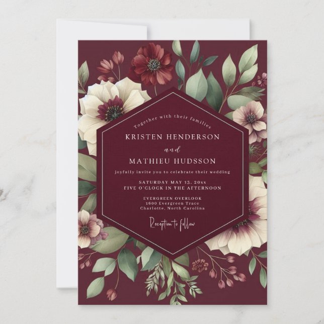 Convites Nocturno Floral de Casamento Borgonha (Frente)