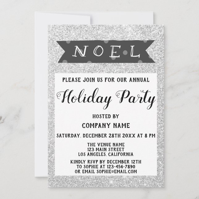 Convites Noel Company Holiday Party Cinza Silver Glitter (Frente)