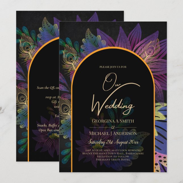 Convites Noir Peacock Jewel Tones Casamento Floral (Frente/Verso)